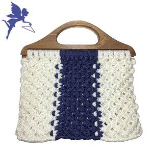 VINTAGE Wooden Handle Striped Macrame Bag